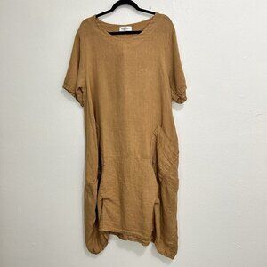 Marisima 100% Linen Tan PBrown Pullover Dress Pockets One Size Lagenlook Boho